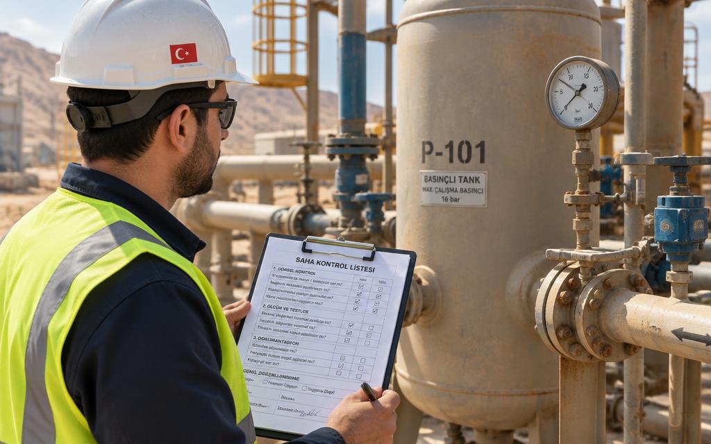 Basınçlı tankın yanında kontrol listesi dolduran baretli teknisyen